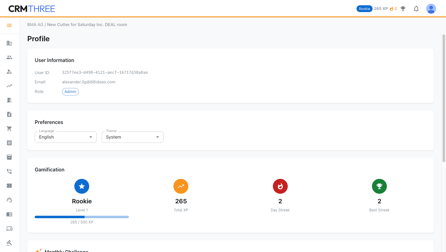 User profile with gamification