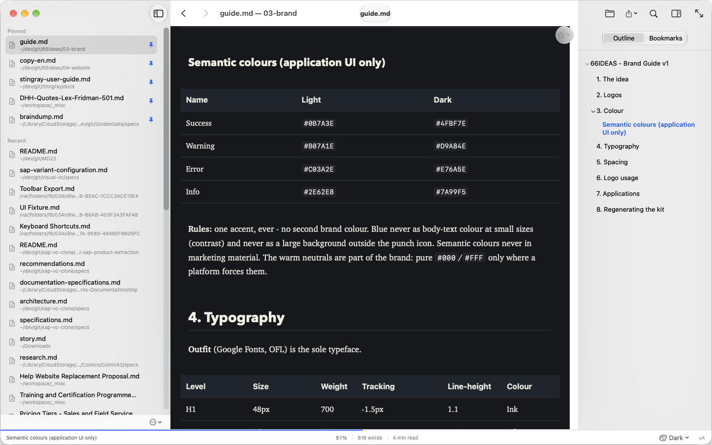 MD22 in the Dark theme showing tables